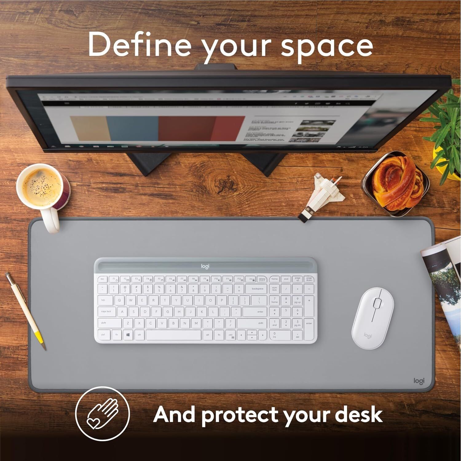 Logitech Desk Mat - Studio Series, Multifunctional Large Desk Pad, Extended Mouse Mat, Office Desk Protector with Anti-Slip Base, Spill-Resistant Durable Design - Grey