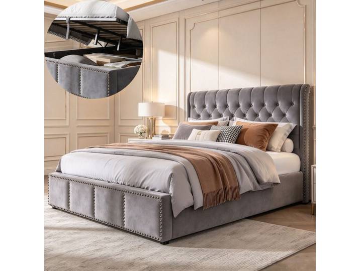 Lit 160x200 avec sommier lit coffre 160x200 avec décoration à rivets tissu en velours gris