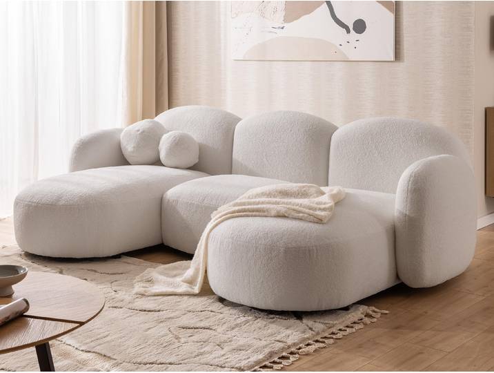 Nuvola - Moderne Wohnlandschaft aus Weiß Bouclé mit abgerundetem Design und hohem Sitzkomfort