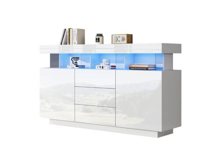 Buffet Moderne Laqué Brillant 140x35x80cm Buffet En Acrylique Bandes Lumineuses LED Coin Café Salle À Manger Cuisine Couloir Blanc