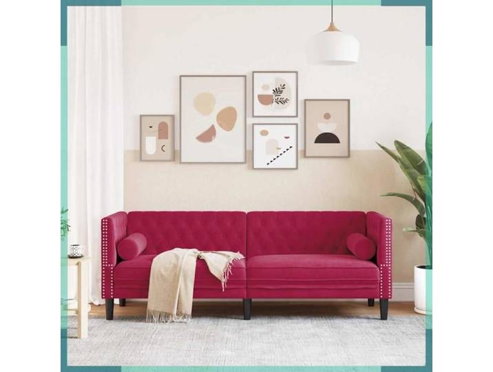Canapé Chesterfield - 372697 - Velours rouge bordeaux - 3 places - Avec traversins