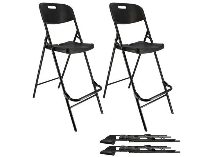 Lot de deux chaises de bar pliantes noires - Ht 120cm - Chaises hautes pliantes - Cadre en acier - avec dossier et repose pied