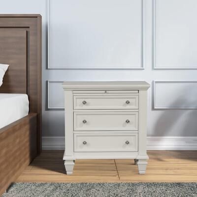 Benjara Lila 30 Inch Nightstand with Slide Out Tray, Felt Lined Top Drawer, White