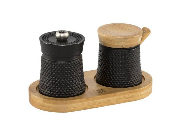 PEUGEOT Salz-/Pfeffermühle Peugeot Bali Fonte Pfeffermühle Salzstreuer+ Tray 8cm BLACK