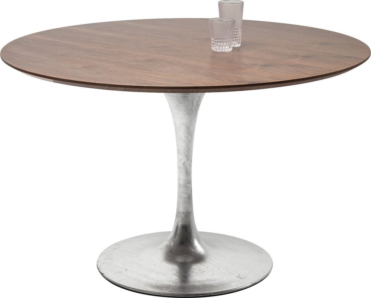 Kare Design Invitation Ronde Eettafel met Walnoot Tafelblad en Verzinkte Trompetvoet - Diameter: 120 cm, Hoogte: 76 cm