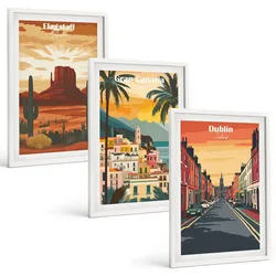 BILDER SET 3er Set - 40x60 cm Weißer Rahmen - Landschaften natürlicher Städte