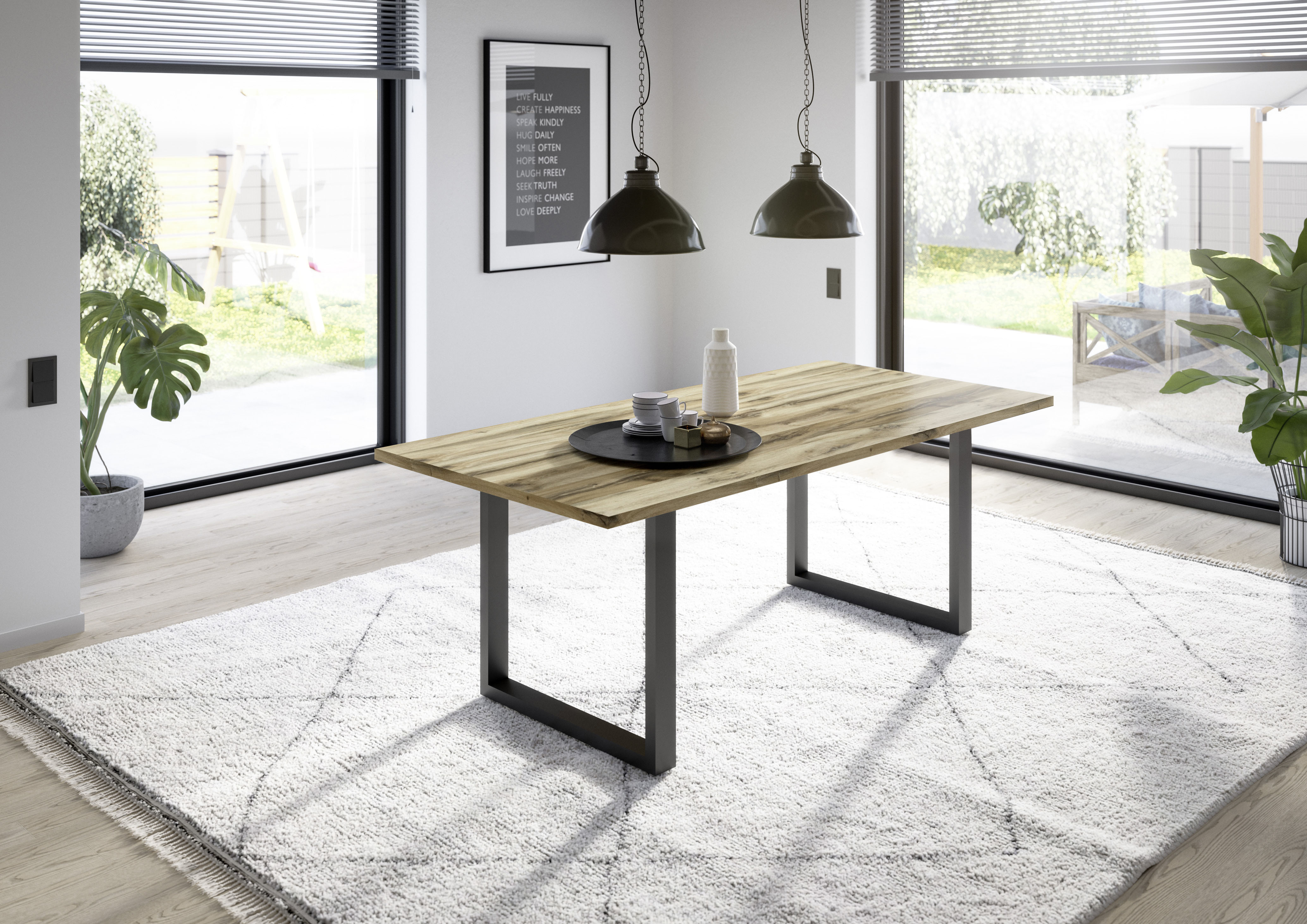 Esstisch MÄUSBACHER "Big System Metall", braun (schwarz feinstruktur, plankeneiche, schwarz feinstruktur, plankeneiche), B:200cm H:78cm T:100cm, Tische, Esstisch, Metallgestell in U-Form schwarz feinstruktur, plankeneiche, schwarz feinstruktur, plankeneic