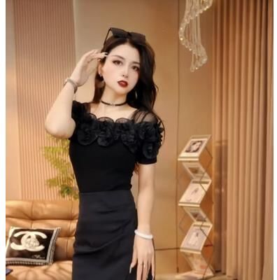 Universal Stock Elegant Off Shoulder Top For Women Chic Cotton T Shirt With Ruffle Sleeves & Slim Fit black s