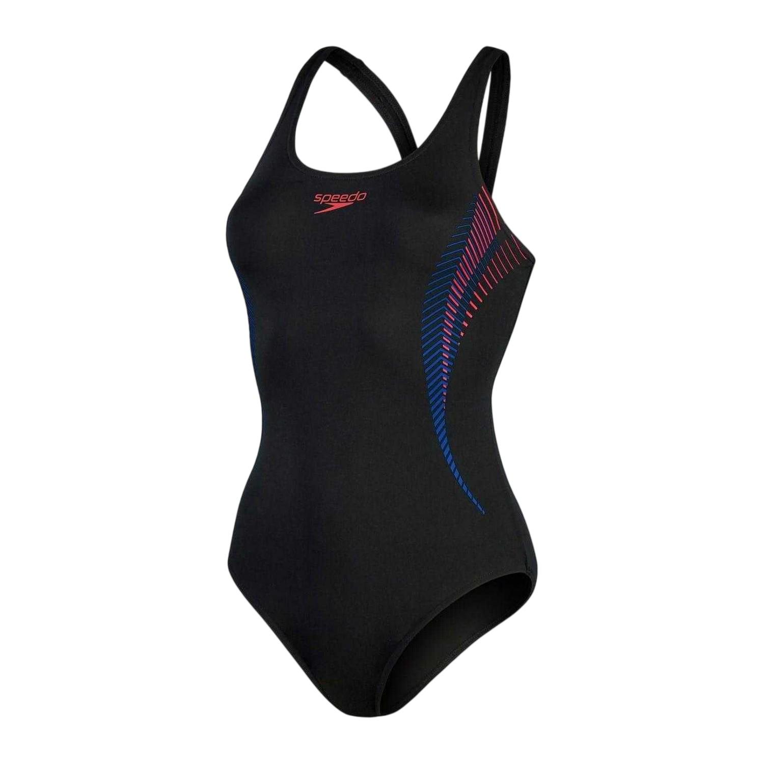Speedo Dameszwempak met abstracte print en muscleback-ontwerp (Zwart, Rood)