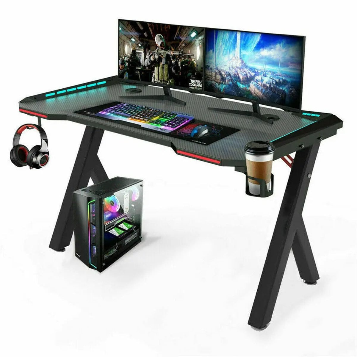 Groot Gaming Bureau met RGB LED Verlichting - Zwart Laptop Computer Bureau voor Gaming en Thuiskantoor