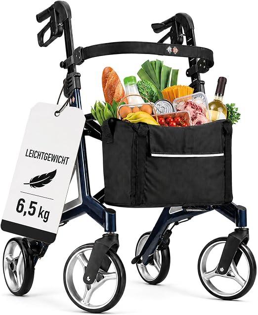 Alu Rollator Faltbar Leicht [51cm Sitzhöhe] | klappbar, mit Sitz & Tasche, Schmaler Rollator für Wohnung & Unterwegs, Reiserollator (nacht-blau)