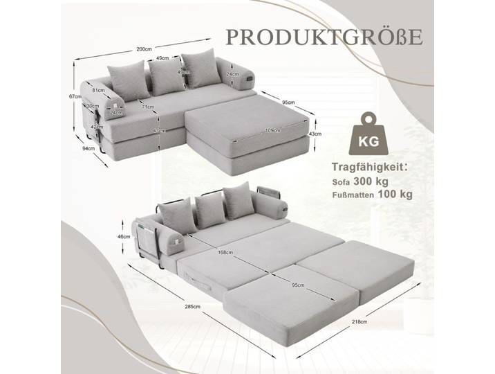 Canapé modulaire en velours côtelé - Gris clair - Velours côtelé doux - Cadre en métal stable - Poche latérale pratique