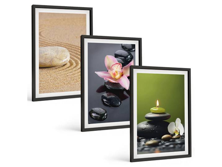 Tulup Bilder SET 3er Set - 40x60 cm Schwarzer Rahmen - Entspannende Zen-Steinmotive, Kunststoff, Rechteckig, 40x60 cm, Fotografie, Bilder & Rahmen, Bilder