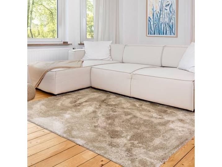 Astra Hochwertiger Teppich Wohnzimmer, Schlafzimmer - Kuscheliger Hochflorteppich weich - Weicher Bodenbelag für Innen - Teppich Marmor beige, 120x180cm