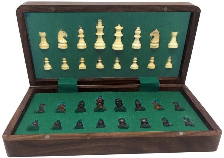 Loisirs Nouveaux Jeu d'échecs pliant magnétique marqueté, 25 cm - Bois Patiné