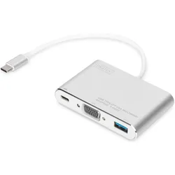Digitus USB Typ-C auf USB 3.0/ VGA/ USB Typ-C (USB-C, 4 Ports), Dockingstation + USB Hub, Weiss, Silber