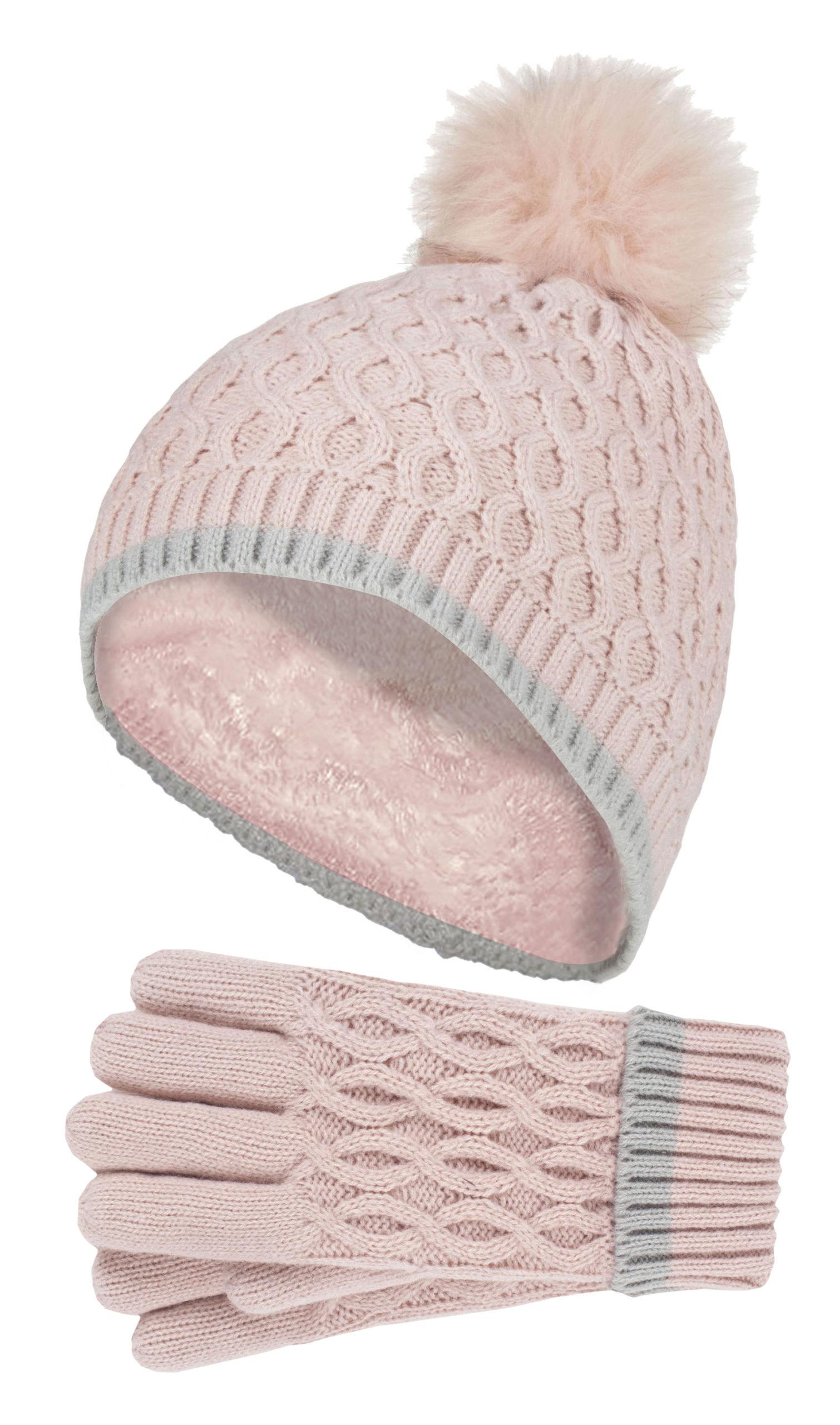 Wärmehalter - Thermoisolierte Pom Pom Bommelmütze und Handschuhe für Mädchen | bunte Pastellfarben - Altrosa