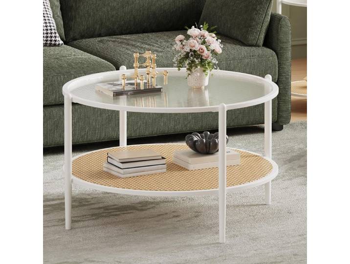 AFF Table Basse Ronde 2 Niveaux Ø78cm Plateau Verre Strié Étagère Rotin Structure Métal Table d'Appoint Minimaliste Noir et jaune