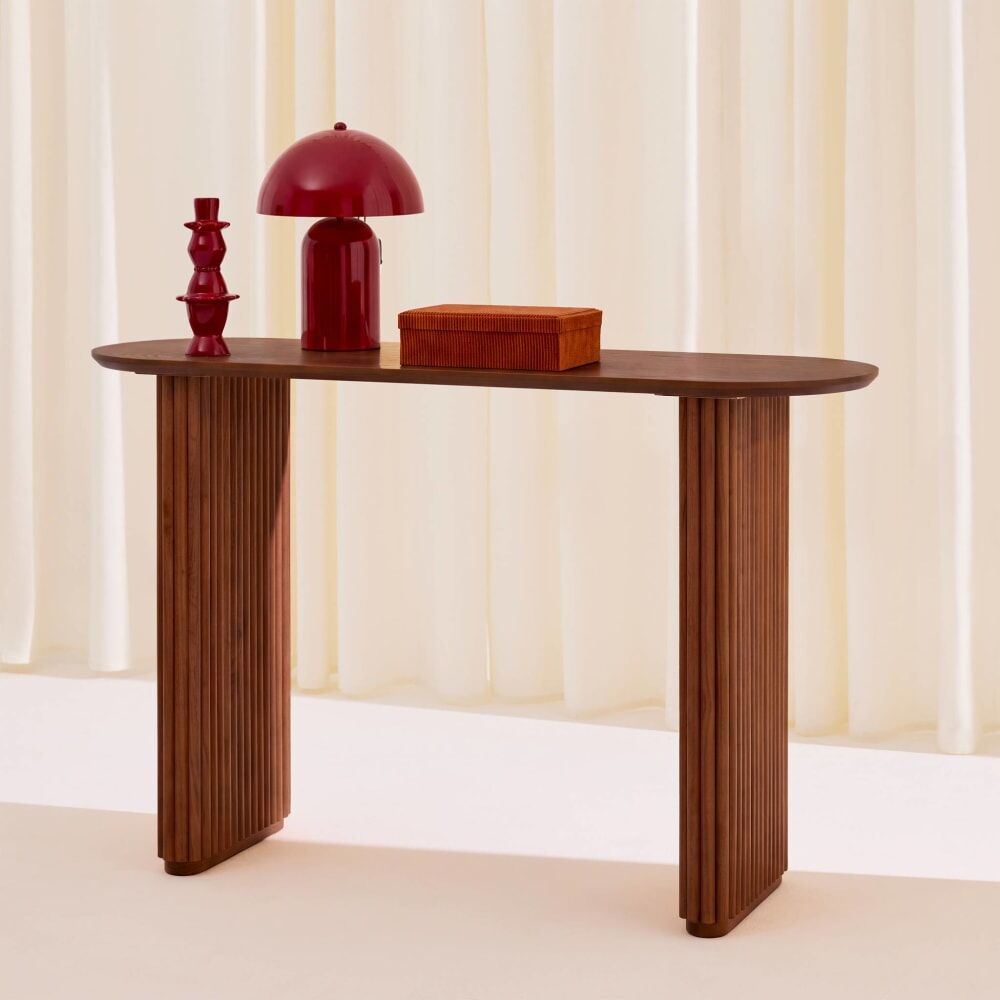 sweeek Console ovale bois d'hévéa placage chêne noyer Marron 120x75x38cm