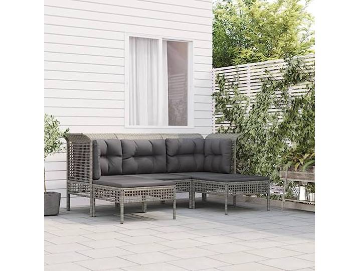Résine tressée imperméable Ensemble café terrasse Gris 5 pièces Salon de jardin 5 pieces avec coussins Gris Resine tressee Ensemble terrasse exterieur Canape angle central repose-pieds