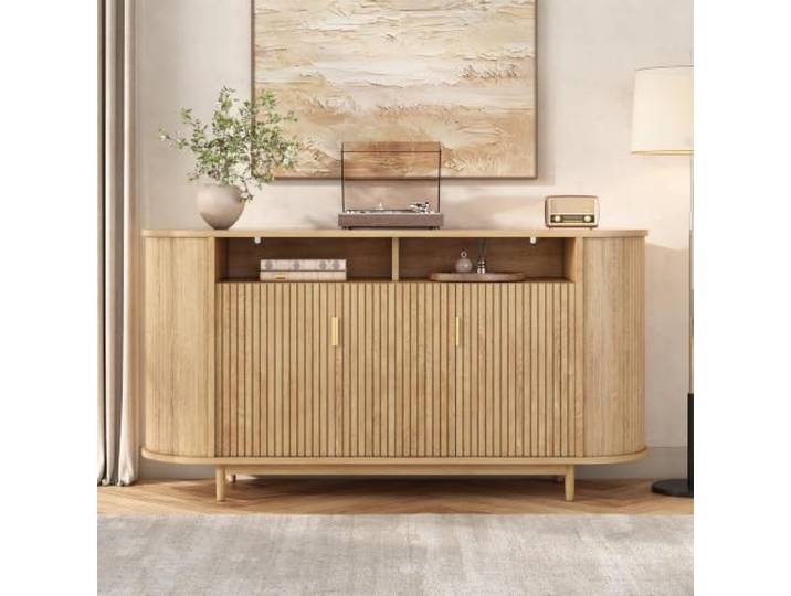 Merax Sideboard 140x40x78 cm mit 3 Türen, vertikaler Linienstruktur & Kiefernholzfüßen – Natur