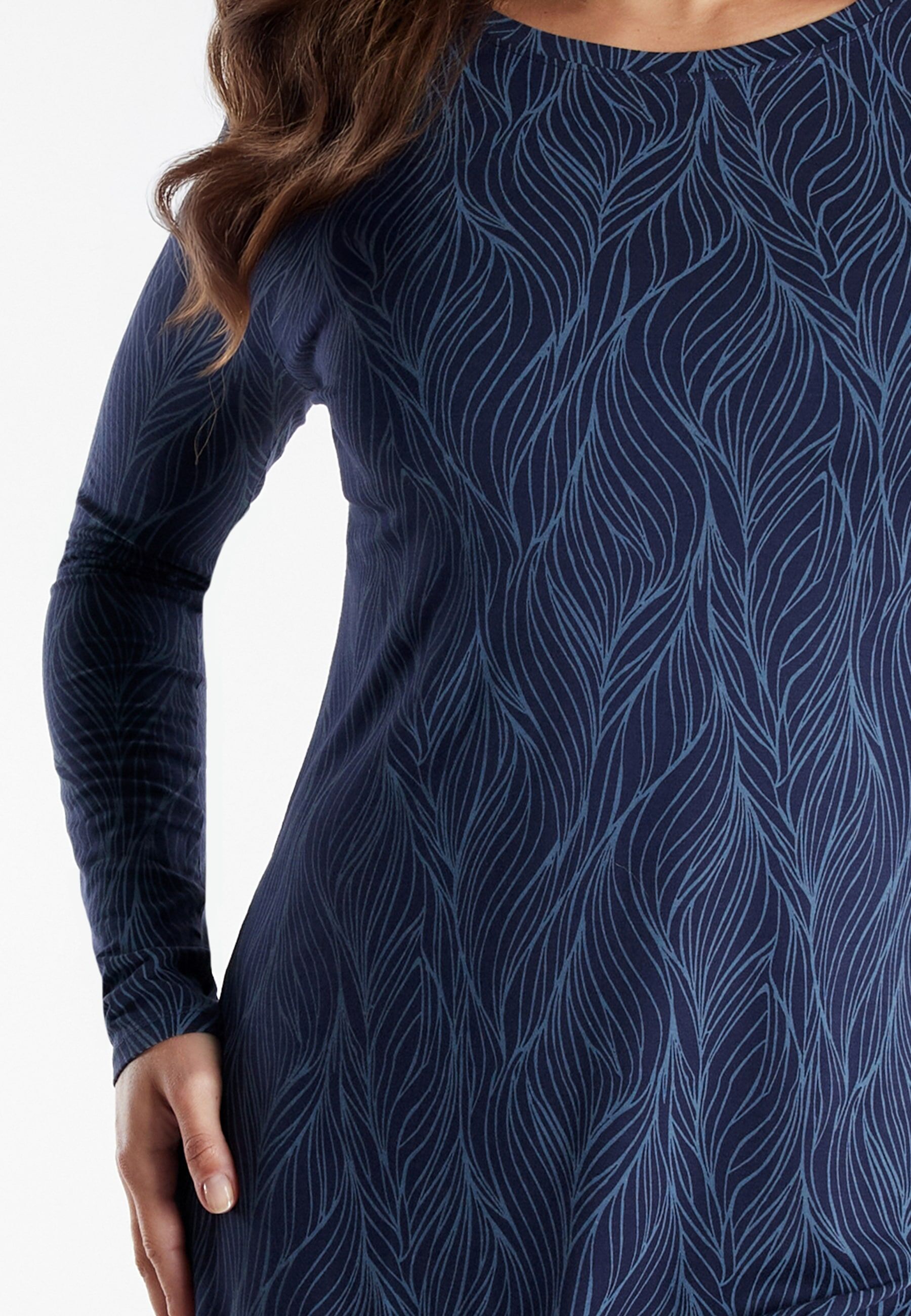 Nachthemd TOM TAILOR "Sitia", Damen, Gr. 36 (S), N-Gr, blau (blau, dunkel, allover), Single Jersey, Obermaterial: 95% Viskose, 5% Elasthan, bequem knielang, Rundhals, gerader Abschluss, Kleider Nachthemd, knielang, Langarm, Rundhalsausschnitt, gemustert, 