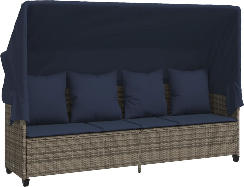 Sonnenliege mit Dach und Kissen Grau Poly Rattan