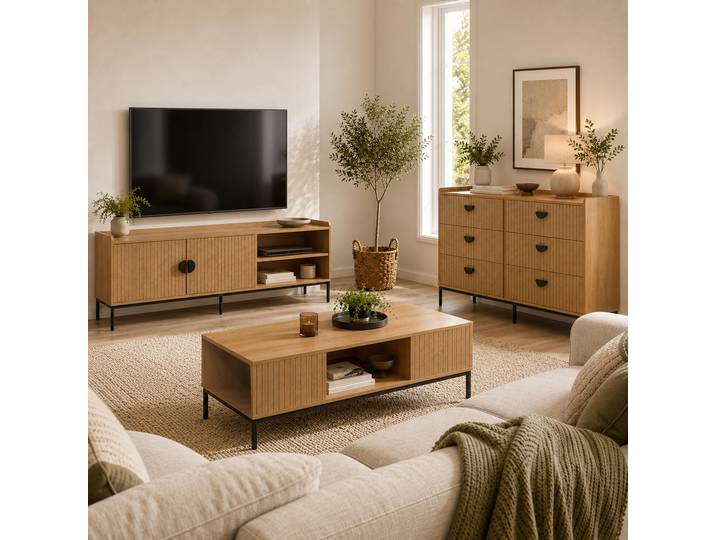 Wohnzimmer-Set HWC-O39, TV-Rack Kommode Couchtisch, Ablage Schubladen, Melamin MDF Natur