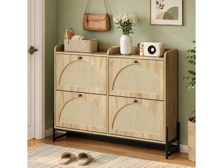 VUENOR Meuble à chaussures 118x25x91 5 cm naturel – 4 abattants entrée compacte