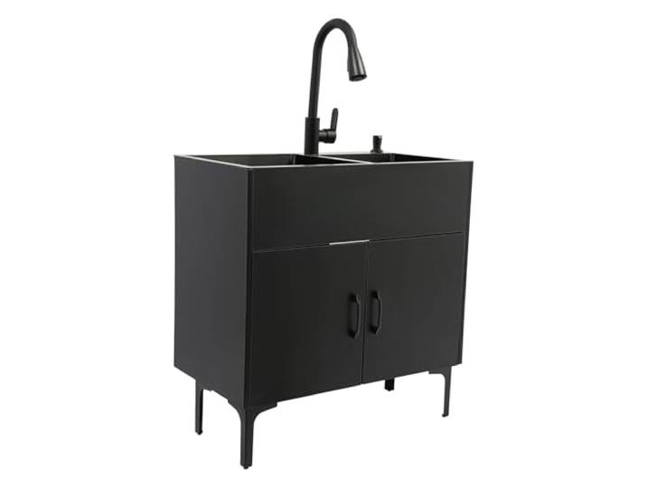 JHAUAI Freistehende Küchenspüle,Doppelbecken Mit Wasserhahn Schrank Ausziehbare Brause Mit 2 Strahlarten,X-Ablauf,Geräuschdämmung,Antikondensbeschichtung Und Abtropfkorb