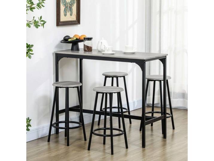 Meuble Bar Ensemble table bar industriel 5 pièces - Table cuisine + 4 tabourets - Salle à manger métal gris