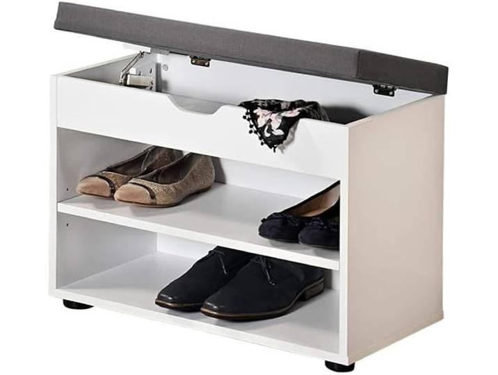 Schoenenkast met Optilbaar GRIJS Zitkussen Schoenenbank met Optilbare Klep voor extra opslagruimte Afm. 60 x 30 x 45 Cm. Kleur: WIT