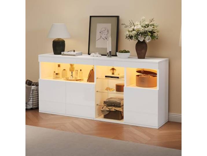 BTM 155x35x72cm Wohnzimmerschrank, Hochglanzschrank mit LED, Sideboards Mit 3 Schranktüren 3 Glastrennwand, Esszimmerschrank, breite grifflose Schließfächer, Sofa-Beistellschrank, Weiß