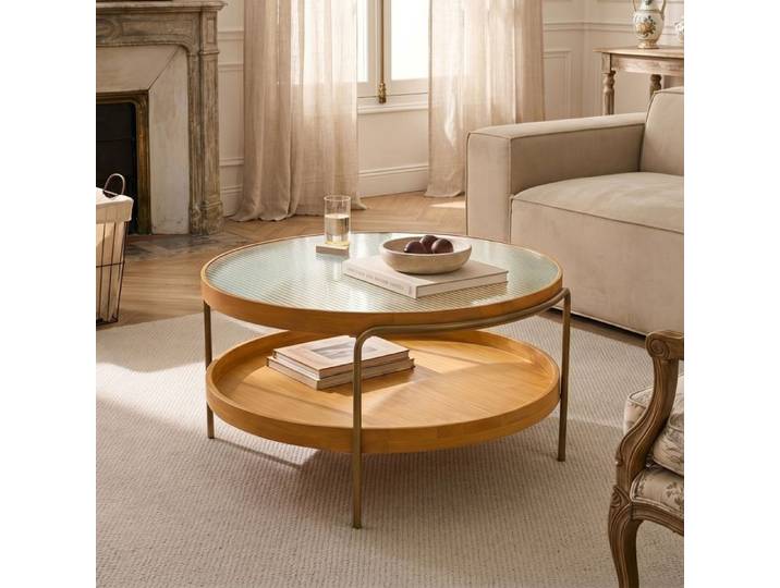 Table basse ronde double plateau Ø76cm Verre cannelé tablette basse bois pieds métal doré style Art Déco moderne pour salon