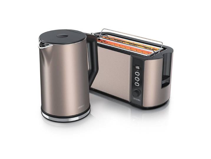 Arendo Frühstücks-Set 2-teilig, Wasserkocher 1,5 l & Langschlitz-Toaster (2-tlg), Edelstahl Wasserkocher 1,5l, 4-Scheiben Langschlitz Toaster, Beige