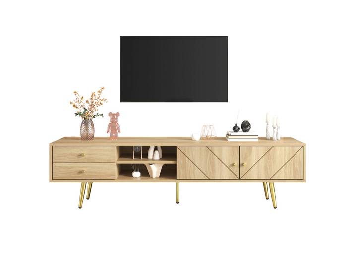 Evryae Lowboard mit zwei Schubladen und einzigartig gestalteten Türen Goldfüße 160 cm, Naturfarben, Metall, 2 Schubladen, Rechteckig,Rechteckig, konisch, 160x42x36 cm, Wohnzimmer, TV Möbel, Lowboards, Lowboards stehend