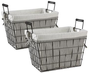 DII Asst Farmhouse Black Wire Black/White Ticking Stripe Liner Basket - Lined Basket Set