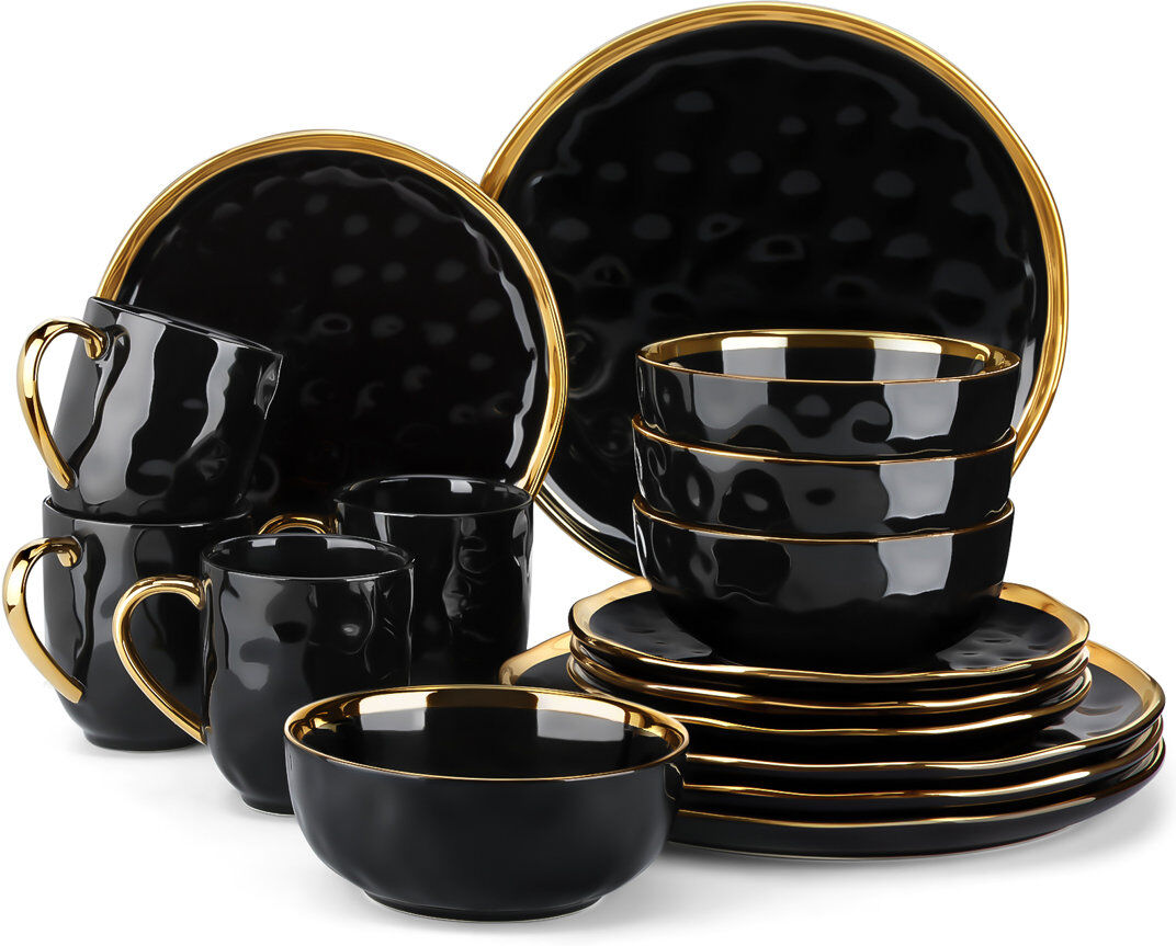 LOVECASA Colour Handmade Ceramic Dinnerware Set 16 Piece - Service for 4 Black/Gold 16