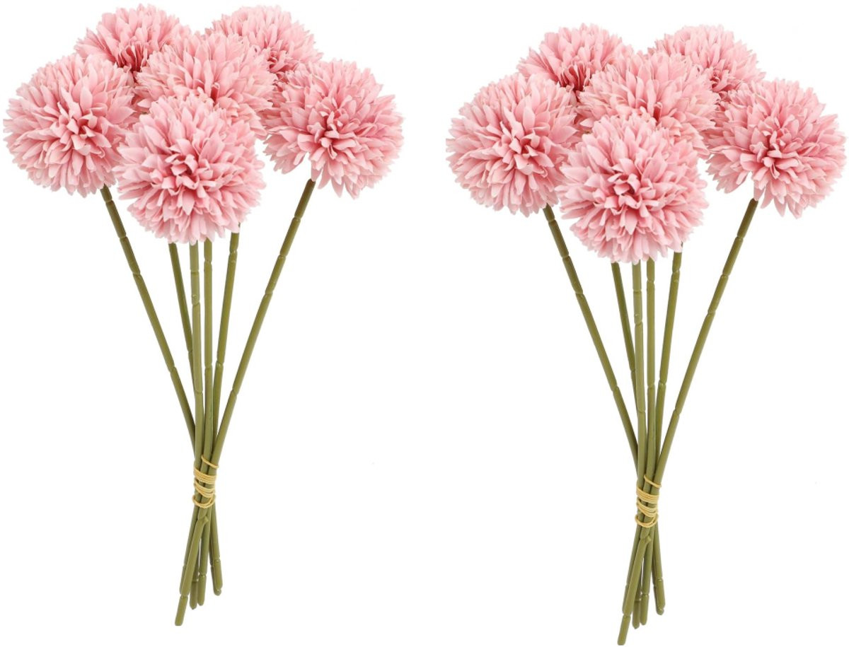 Pak van 12 dieproze kunstchrysanten van zijde in bolvorm voor decoratie