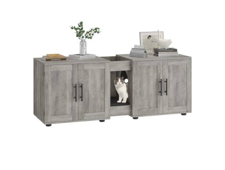 GarveeMore Versteckter Katzenklo-Schrank aus Holz für 2 Katzen 2 Fächer, Scheunentür, Stauraum, Kratzmatte, abwischbar – 140 x 45 x 57 cm – New American White Oak