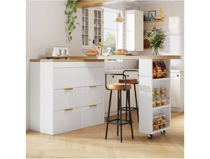 MEULVA Buffet de cuisine rotatif 360° extensible 128-203 cm avec 6 tiroirs étagère latérale blanc