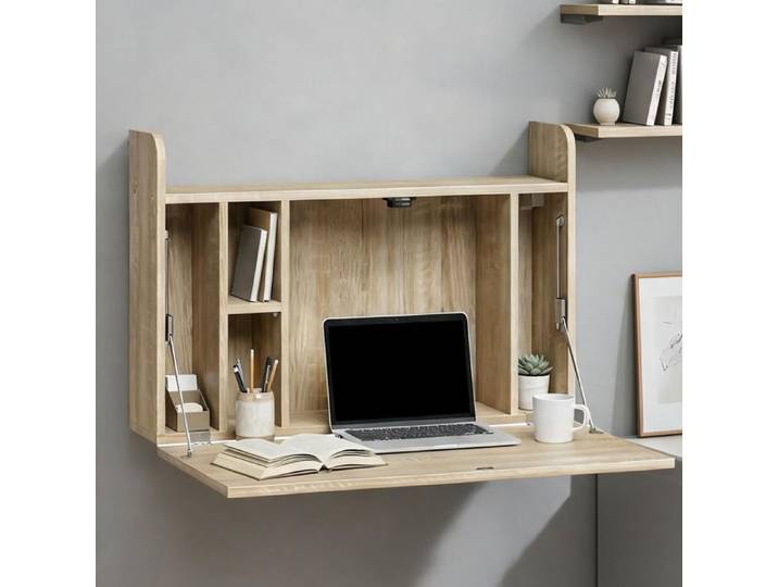 Bureau mural rabattable 77 cm avec rangements et tablette escamotable en panneaux de particules finition chêne
