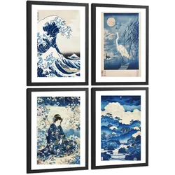 POSTER 4er Bilder-Set Wandbilder Japanisch modern Wohnzimmer Deko, Schlafzimmer, Küche, Badezimmer Schwarzer Rahmen A3