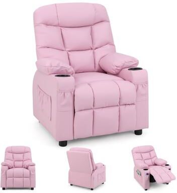 Costway Kids Recliner Chair with Cup Holder and Footrest for Children-Light Pink