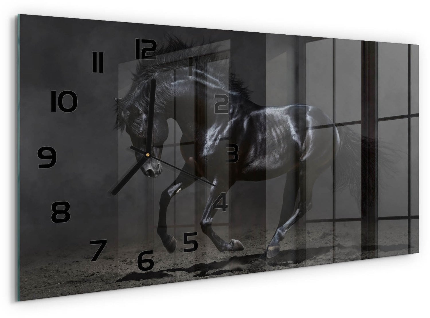 Tulup Wandklok met Zwart Paard Decoratie - Zwart Glas - 60 x 30 cm