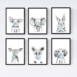 POSTER Set Mit 6 Tiere Babys Mit Kaugummi Schweinelefant Kaninchen Kuh Zorro Hund A3 Schwarzer Rahmen
