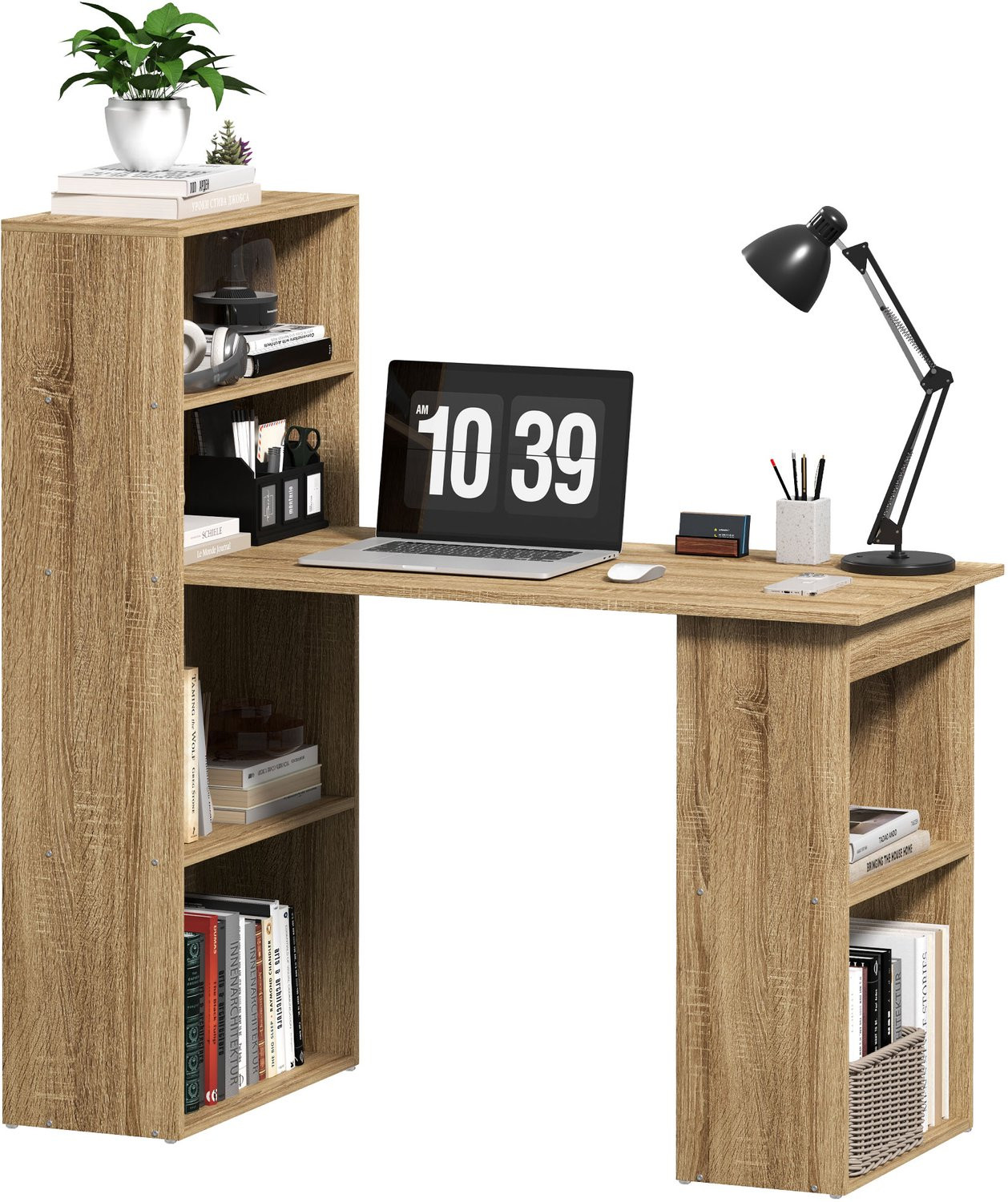 Computerbureau met opbergplank en boekenkast in eikenhouten afwerking