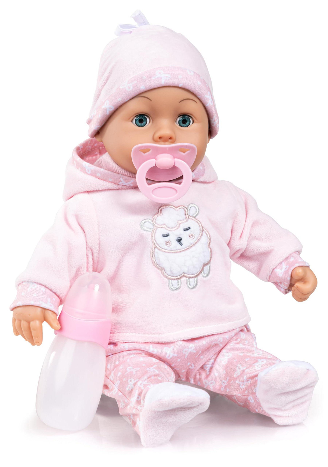 Bayer Design 93824CT Interactieve Babypop met 24 geluiden, zacht lichaam en gesloten ogen, 38 cm, inclusief fopspeen en fles