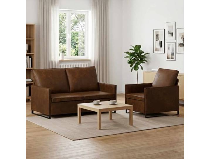 Sofa-Set 2 Stück Braun Kunstwildleder Metallrahmen Kissenrücken-Design,Schaum-Faser-Kissen,einfache Reinigung,Metallrahmen,modernes Wohnzimmer