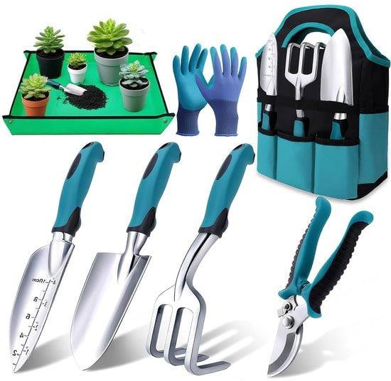 Unyqoos 7-delige tuingereedschapset met aluminiumlegering, ergonomische TPR-handgrepen, PE-tuinmat en 600D Oxford opbergtas